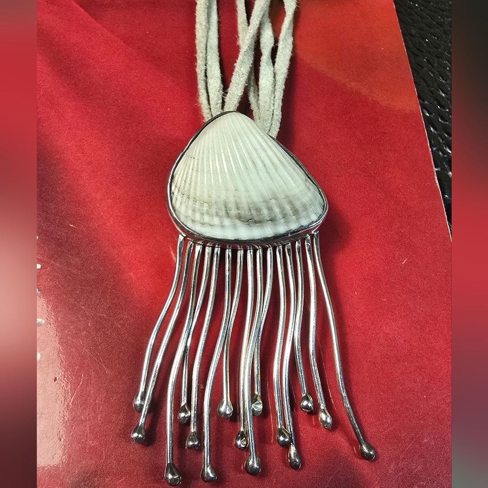 *PRICE DROP!* Vintage Seashell Pendant Necklace/Brooch .925 Silver & Leather